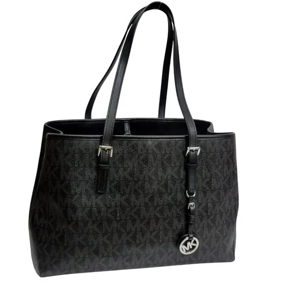 Michael Kors Tote Jet Set Signature Leather Black Silver - Picture 9 of 9